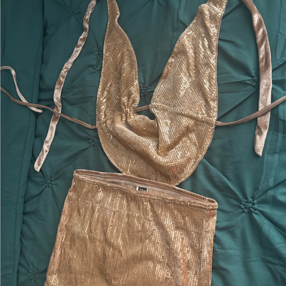SHEIN Gold Sequin Cowl Halter Top and Skirt Set